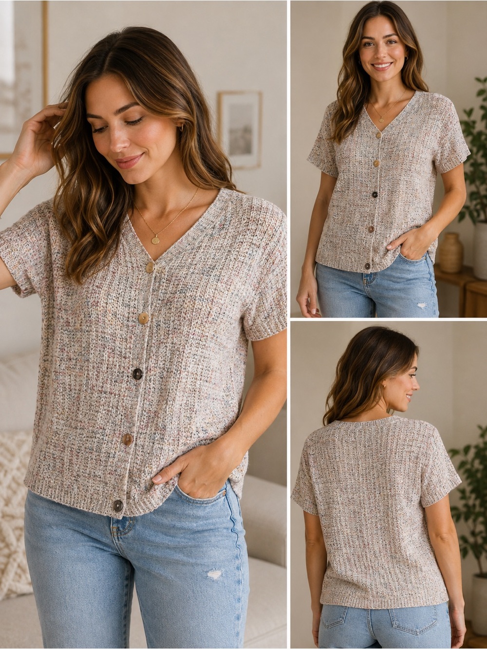 VTG Basic Editions Cream Knit Short-Sleeve Button Cardigan made in USA 1x